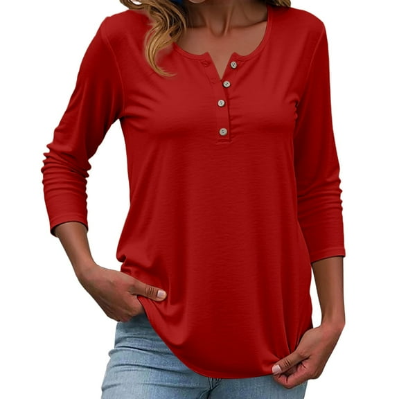 Razzly Women's Basic Casual Button Down Short Sleeve Round Neck T-Shirt Comfortable Soft Breathable Everyday Top for Spring and Fall(Red,L)