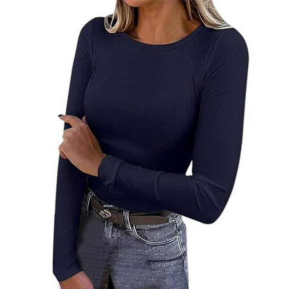 Razzly Women's Long Sleeve Stretch T-Shirt Ribbed Crewneck Fitted Casual Basic Top Comfortable Soft Fabric Everyday Wear(Navy,L)