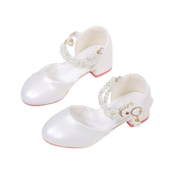 PEASKJP Toddler Girls Low Heel Princess Dress Shoes Glitter Flower Wedding Party Mary Jane Pumps Shoes for Kids,White Big Kids 2.5