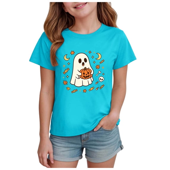 PEASKJP Toddler T Shirt Girls Tees Girls T Shirt Graphic Casual Fashion Printed T Shirt Halloween Shirts (Sky Blue,9-10 Years)