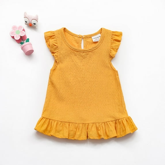 PEASKJP Toddler Tees for Girls Skin-Friendly Toddler Girls Basic Ruffle Sleeve Cute T-Shirt Stretchy Tunic Tank Tops Blouse Yellow 4-5 Years