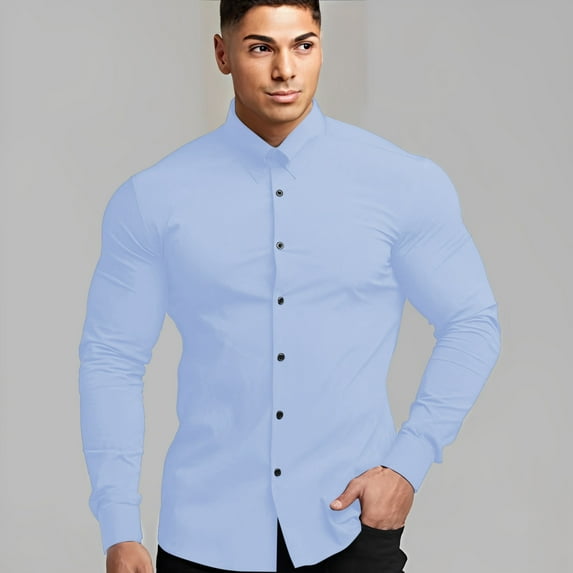 PEASKJP Winter Shirts for Men Dress Shirt Button Down Long Sleeves Shirt (Blue,45)