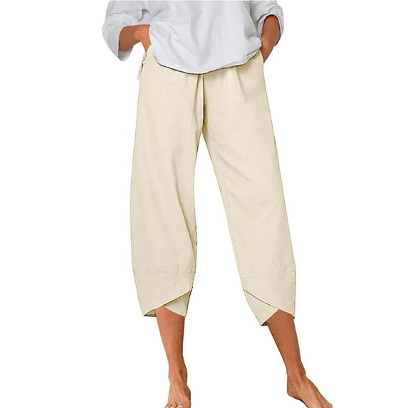 PEASKJP Women Pants for Work Women's Smocked Waist Boho Flowy Yoga Harem Pants Hippie Clothes (Beige,L)