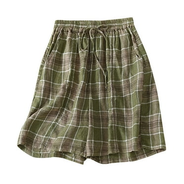 PEASKJP Women Shorts for Summer Womens Linen Shorts High Waisted Wide Leg Drawstring Ruffle Flowy Short Pants with Pockets (Green,XL)