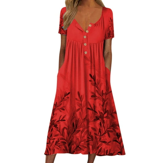 PEASKJP Women Summer Short Sleeve Midi Dress with Pockets Casual Aline Flowy Tshirt Dress Floral Vocation Beach Sundress,Red XXL