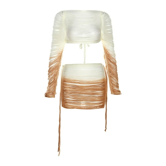 PEASKJP Women's Fashion Gradient Splicing See Through Navel Tassel Tied Short Skirt Set Ladies Skirt (Brown,S)