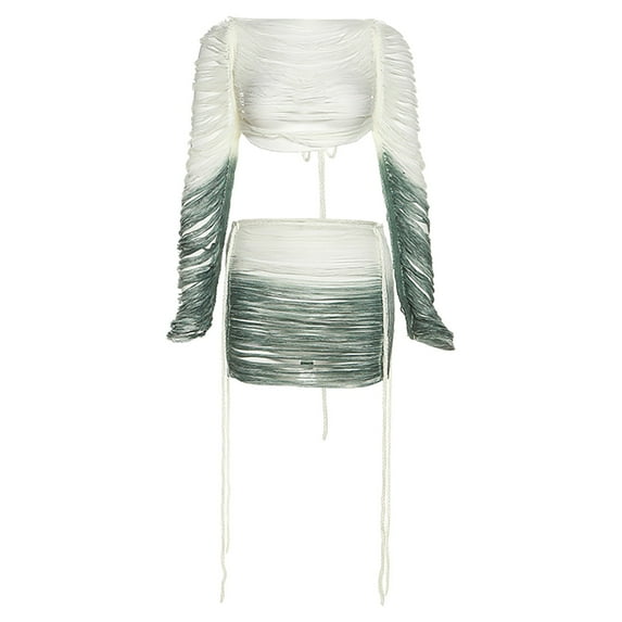 PEASKJP Women's Fashion Gradient Splicing See Through Navel Tassel Tied Short Skirt Set Ladies Skirt (Green,S)