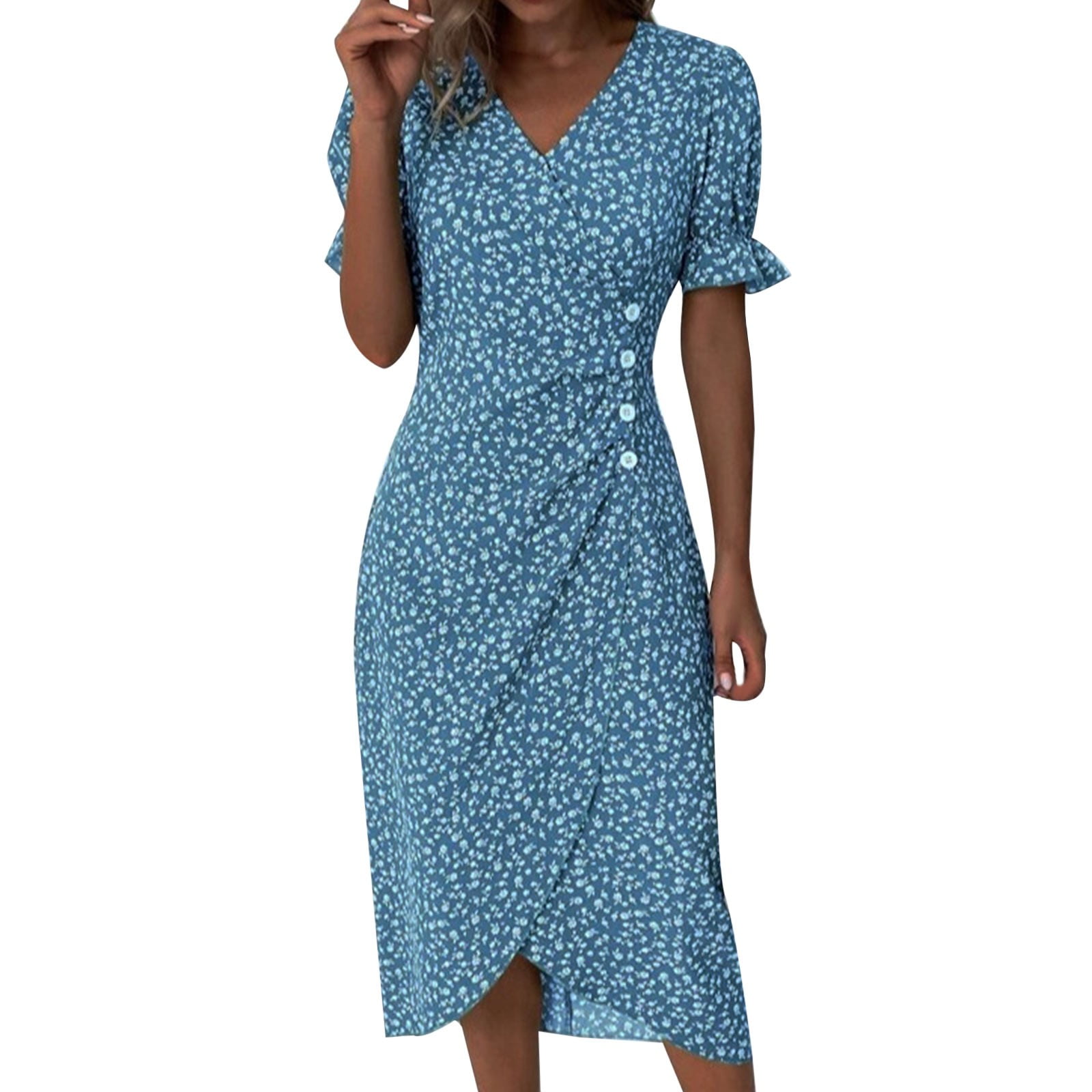 Women's Chiffon Ruffle Midi Dress - Elegant Wedding Guest Dress With Short Sleeves & Crew Neck