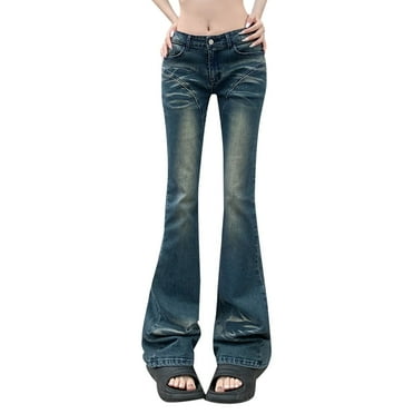 PEASKJP Womens Jeans Stretchy Women's Strtchy Bootcut Boyfriend Baggy Straight Leg Casual Denim Pants (Blue,L)