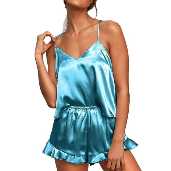 PEASKJP Womens Loungewear Set Silk Sleepwear Soft Lingerie Satin Cami Shorts Set Nightwear Women Short Sleeve Sleepshirt Sky Blue L