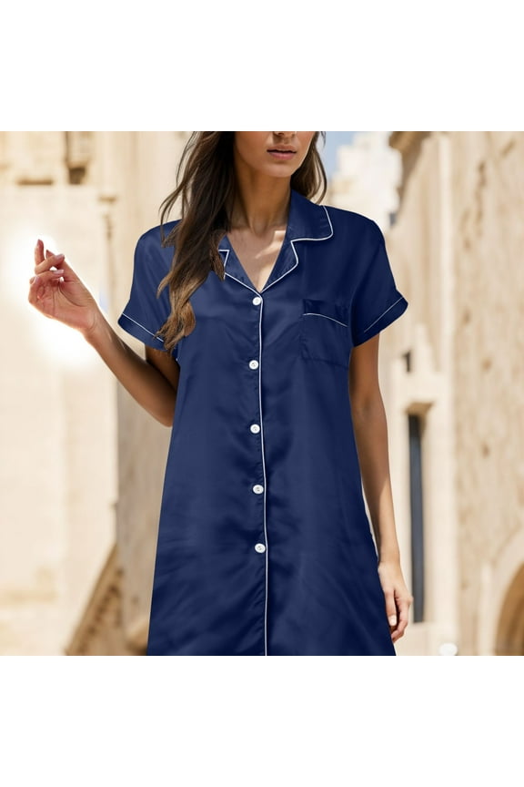 Womens Nightgown Dress Women's Snaps Front Closure House Dress Short Sleeve (Dark Blue,M)