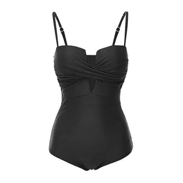 PEASKJP Womens Plus Size Swimsuit Women's Vintage One Piece Strapless Bathing Suit Tummy Control Skirt Retro Swimsuit Swimdress (Black,M)