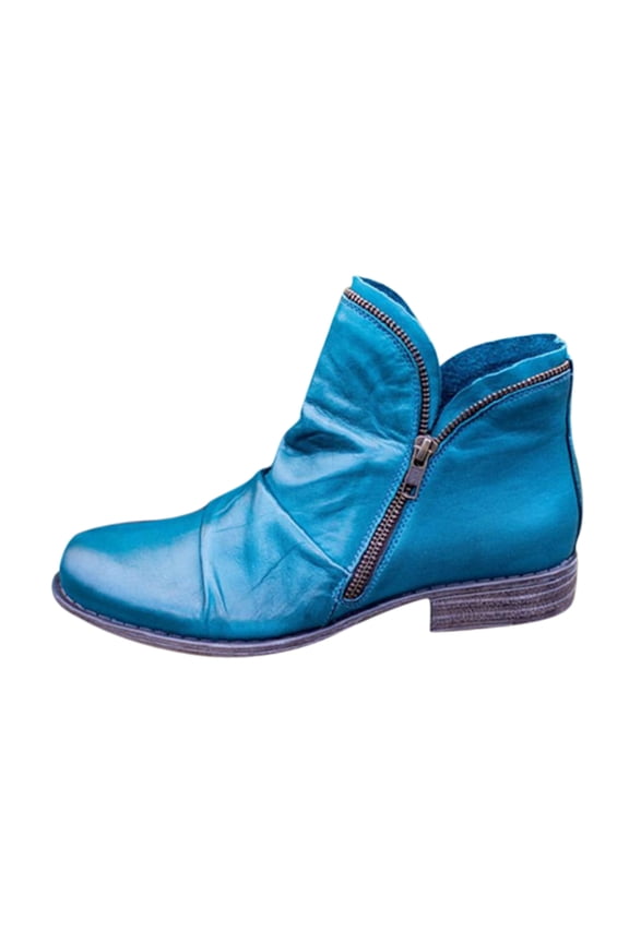 Womens Work Boots Slip On Womens Pointed Toe Stacked Mid Heel Booties Lug Sole Non-Slip Shoes (Blue,9.5)