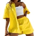thumbnail image 1 of PEASKJP Workout Short Set Women's Shirt and Shorts Set Summer Outfits Fashion Casual Short Sleeve Tracksuit (Yellow,M), 1 of 5