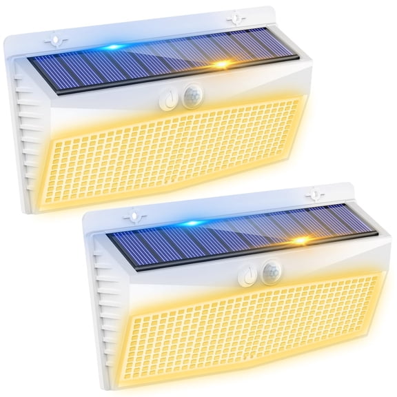 HOVMAP Solar Powered Warm White Wall Lights Motion Activated 368LED 3700LM IP65 Waterproof ABS White 2Pack for Yard Deck, Security Lights Waterproof with 3 Lighting Modes