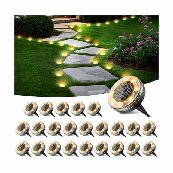 HOVMAP Low Profile Solar Ground Lights Flush with Ground Mower Safe 8 LEDs Auto On Off IP65 Waterproof 24 Pack for Lawn Pathway, 24Pc Warm light 2”