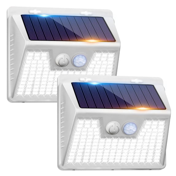 PEASUR Solar Powered Lights Outdoor Motion Sensor, 2 Pack 140 LED Fence Light Waterproof, White Frame Security Wall Lighting for Outside Deck Yard Patio House Step
