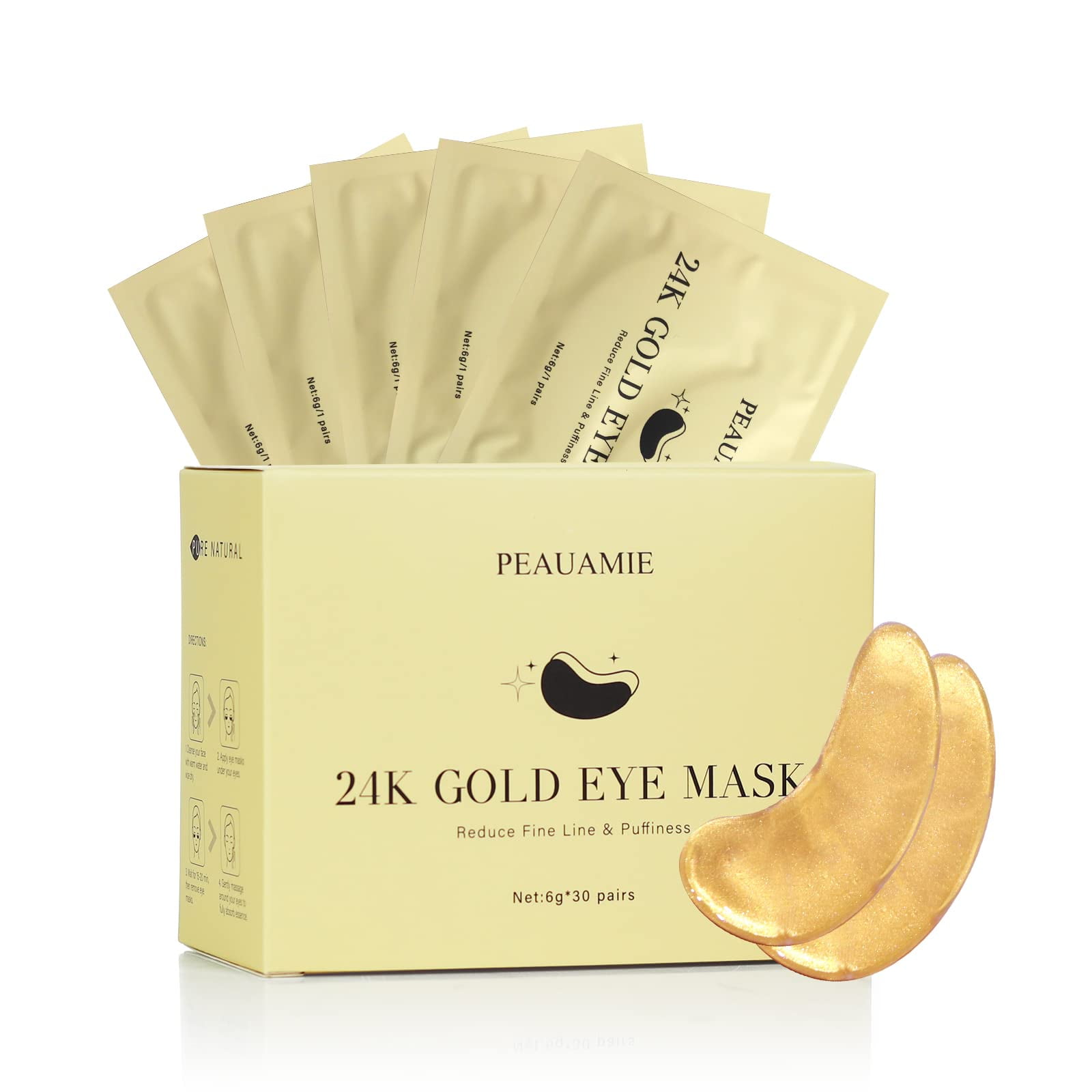 PEAUAMIE Under Eye Patchs (30 Pairs) 24k Gold Eye Mask and Hyaluronic