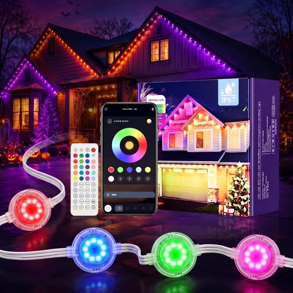 PECHAM 100FT Permanent Outdoor Lights, IP67 RGB Eave Lights with 50 LEDs, Remote/APP Control for House Roof Decor, Garden Halloween Christmas Party Decorations