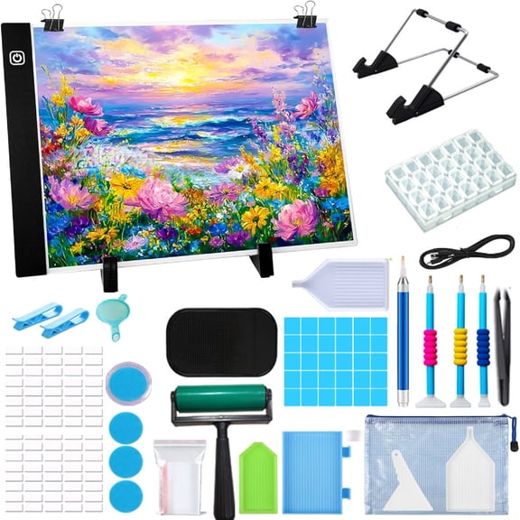 PECHAM 151PCS A4 Diamond Painting Light Pad Kit, Tracing Light Box with Adjustable Brightness Light, 5D Diamond Painting Accessories