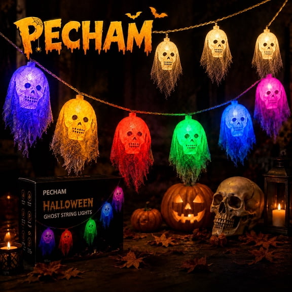 PECHAM Halloween Skeleton Lights 10FT, Waterproof Skull String Lights with 20 LEDs, 8 Flashing Modes for Halloween Decor
