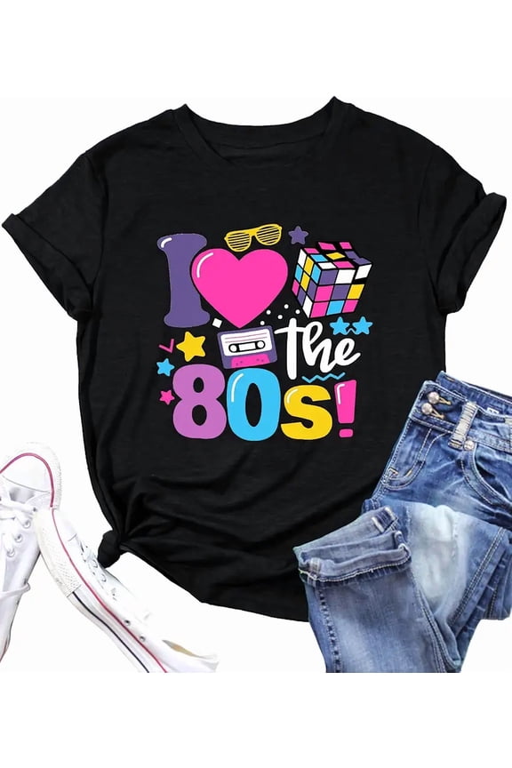 PECHAR I Love The 80's Shirt for Women Vintage 80s Music Graphic Tshirt 80's Party Short Sleeve Blouse Tops