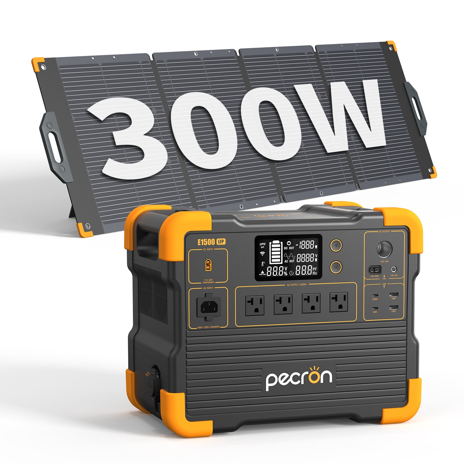 PECRON E1500LFP Portable Power Station 1536Wh Capacity 2200W AC Outport LiFePO4 Battery Portable Generators with PV300 330W Solar Panel Kit for Camping RV Off-grid Backup