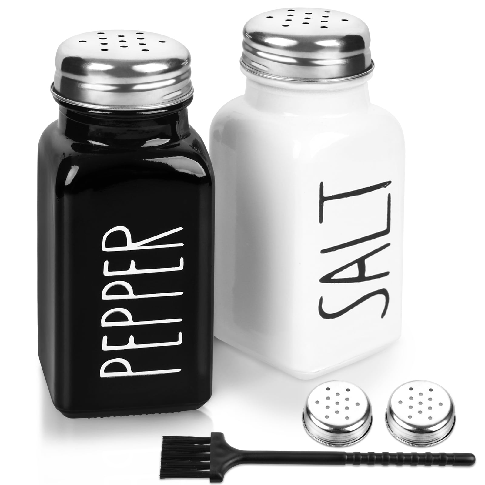 PECULA 2 Pack Salt and Pepper Shakers Set, Glass Salt Shaker with Stainless Steel Lid, Modern and Cute Farmhouse Salt and Pepper Set (Black and White) - Walmart.com
