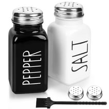 PECULA 2 Pack Salt and Pepper Shakers Set, Glass Salt Shaker with Stainless Steel Lid, Modern and Cute Farmhouse Salt and Pepper Set (Black and White)