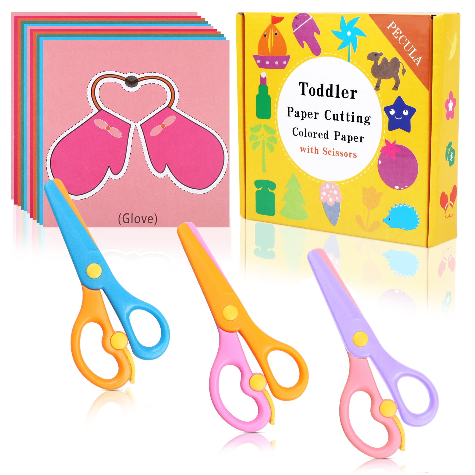 PECULA 3 Pack Toddler Scissors, Kids Scissors, Plastic Children Safety Scissors, Dual-Color Preschool Training Scissors(3 Pack), Paper Cutting(96 Pcs) Set for Paper Craft Supplies