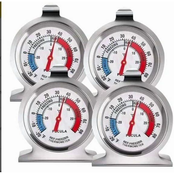 PECULA 4 Pack Refrigerator Thermometer -30~30C/-20~80F, Classic Fridge Thermometer Large Dial with Red Indicator Thermometer for Freezer Refrigerator Cooler
