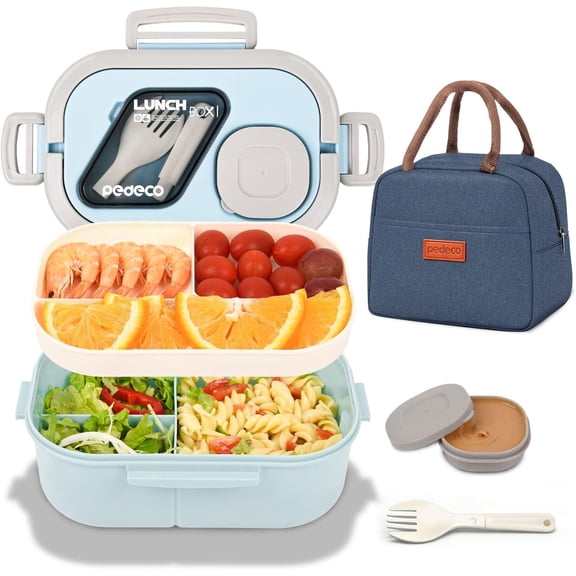 PEDECO Bento Box Set with Lunch Bag, Lunch Containers for Women&Men&Kids. Leakproof 3-Compartment and 2-Tier Stackable Container with Portable Sauce Pod, Microwave/Dishwasher Safe, BPA-Free (Blue)