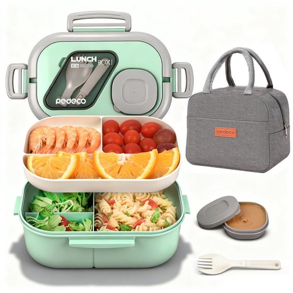PEDECO Bento Box Set with Lunch Bag, Lunch Containers for Women&Men&Kids. Leakproof 3-Compartment and 2-Tier Stackable Container with Portable Sauce Pod, Microwave/Dishwasher Safe, BPA-Free (Green)
