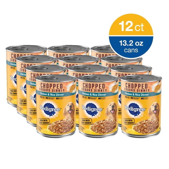 (12 CT) PEDIGREE CHOPPED GROUND DINNER Chicken & Rice Dinner Wet Dog Food for Adult Dog, 13.2 oz. Cans