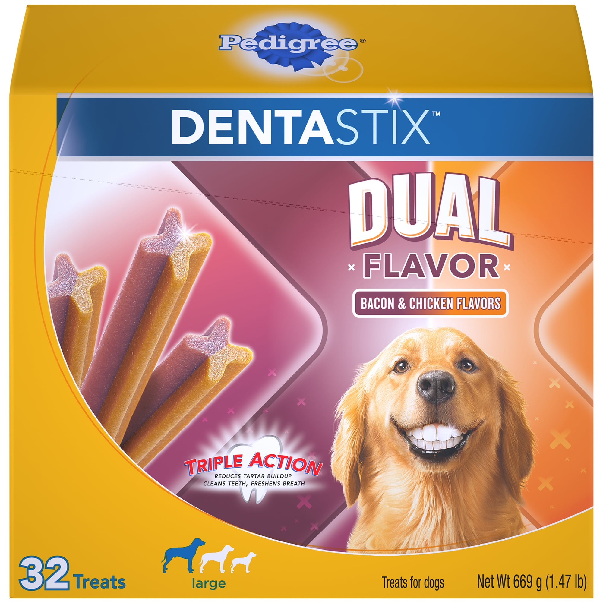 Pedigree Dentastix Dual Flavor Large Dog Treats, Bacon & Chicken Flavors, 1.47 lb. Pack (32 Treats)