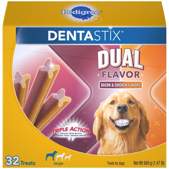 PEDIGREE DENTASTIX Dual Flavor Large Dog Treats, Bacon & Chicken Flavors, 1.47 lb. Pack (32 Treats)