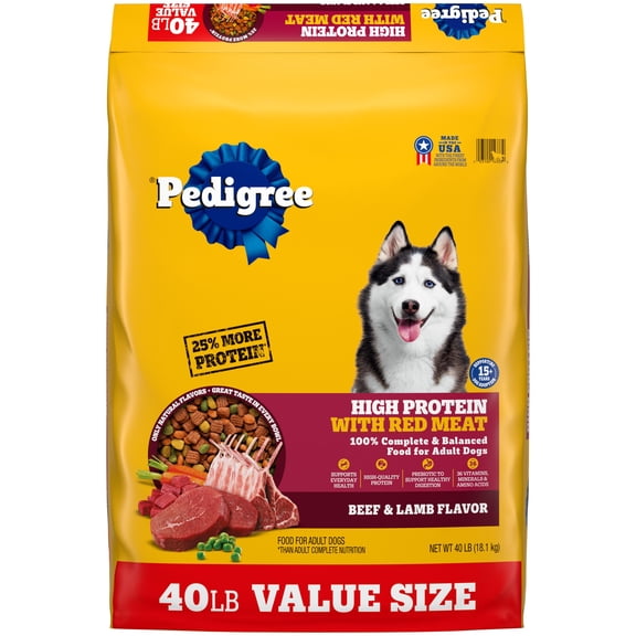 Pedigree High Protein Adult, Beef and Lamb Flavor Dry Dog Food, 40 lb Bag