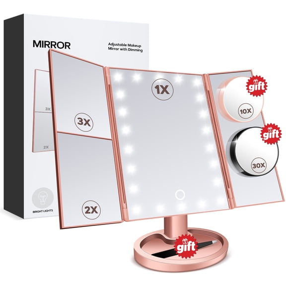 PEDOMIROR Trifold Makeup Mirror with Lights, 1X 2X 3X Magnification with 10X/30X Magnifying Mirror, Lighted Makeup Mirror, Touch Control, Rose Gold