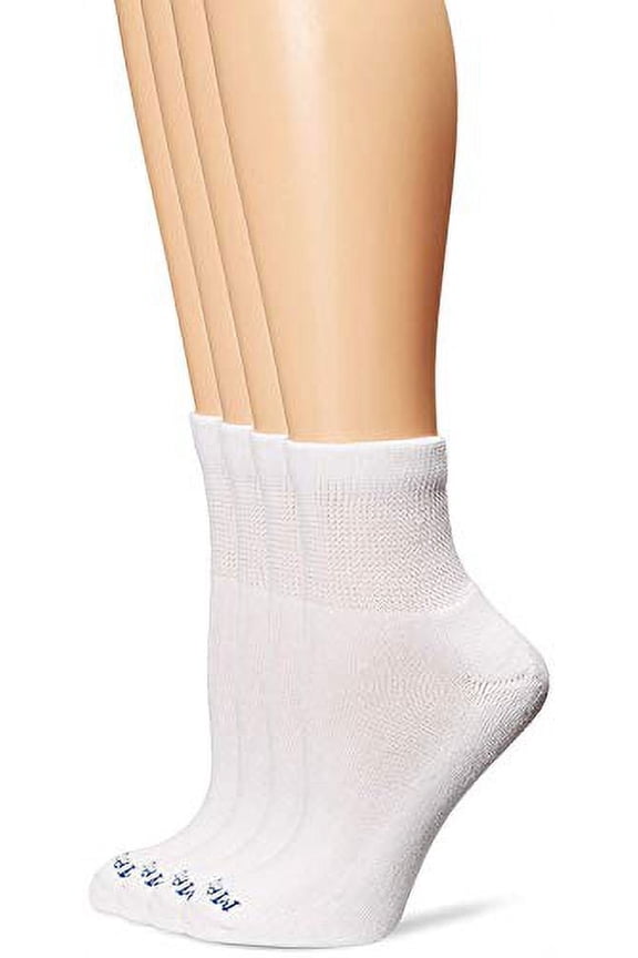 PEDS Women's Diabetic Quarter Socks with Non-Binding Top and Cushion 4 Pairs, White, Shoe Size: 6-10