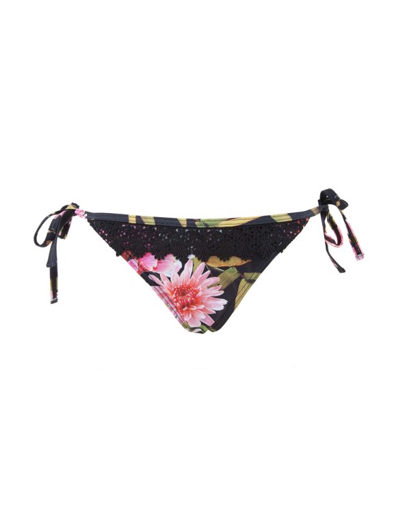 Women's Black Floral Crochet Tie Side Bikini Brief Size X-Small
