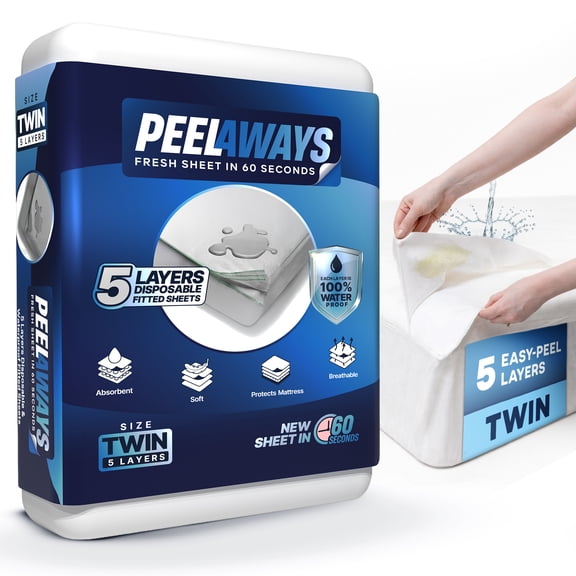 Peelaways Disposable Waterproof Fitted Sheets  5-Layer Peel-Away Bed Sheets for Incontinence, Bedwetting | Quick 60-Second Layer Changes | Soft, Breathable, Leak-Proof | Twin (75" x 39" x 6")