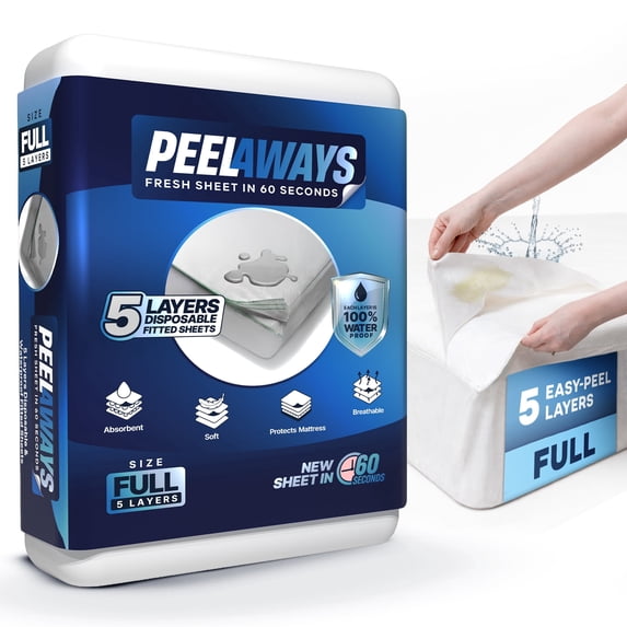 Peelaways Disposable Waterproof Fitted Sheets – 5-Layer Peel-Away Bed Sheets for Incontinence, Bedwetting | Quick 60-Second Layer Changes | Soft, Breathable, Leak-Proof | Full (75" x 54" x 12")