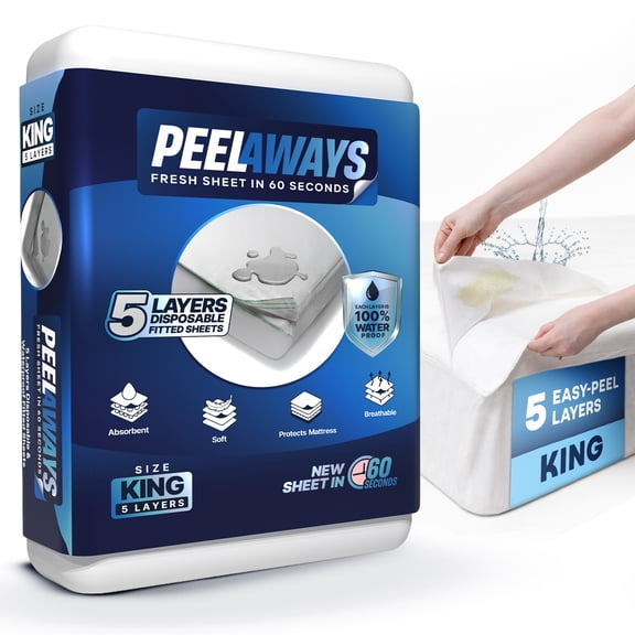 Peelaways Disposable Waterproof Fitted Sheets – 5-Layer Peel-Away Bed Sheets for Incontinence, Bedwetting | Quick 60-Second Layer Changes | Soft, Breathable, Leak-Proof | King (80" x 78" x 12")