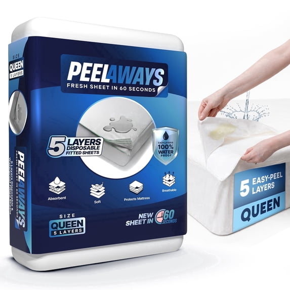 Peelaways Disposable Waterproof Fitted Sheets – 5-Layer for Incontinence & Bedwetting | Soft, Breathable, Leak-Proof | Queen (80"x60"x12")