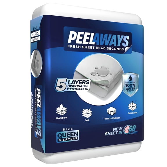 Peelaways Disposable Waterproof Fitted Sheets 5-Layer Peel-Away Bed Sheets for Incontinence, Bedwetting | Quick 60-Second Layer Changes | Soft, Breathable, Leak-Proof | Queen (80" x 60" x 12")