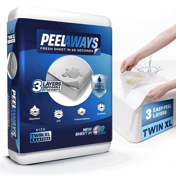 Peelaways Disposable Waterproof Fitted Sheets 3-Layer Peel-Away Bed Sheets for Incontinence, Bedwetting | Quick 60-Second Layer Changes | Soft, Breathable, Leak-Proof | Twin XL (80" x 39" x 9")