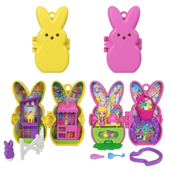 Polly Pocket x PEEPS, Doll & 2 Playsets with 7 Themed Accessories, Compact Travel Toy with Keychain Clip
