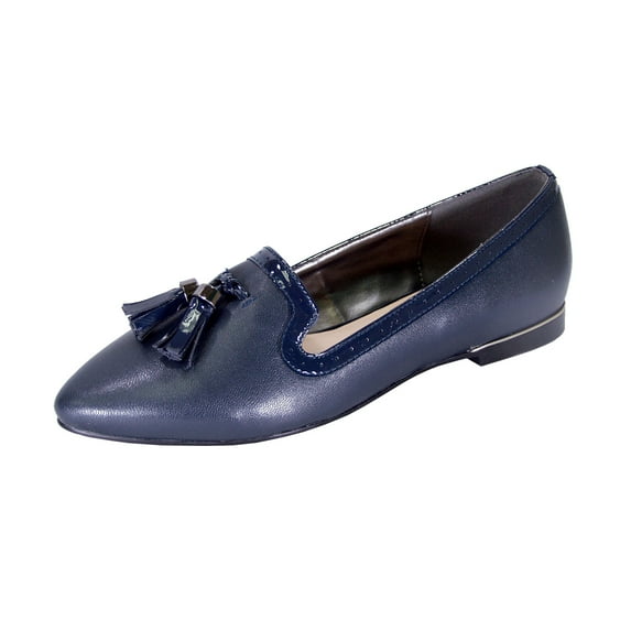 PEERAGE Brenna Women Wide Width Comfort Leather Dress Flat with Patent Leather Tassel and Trim NAVY 11