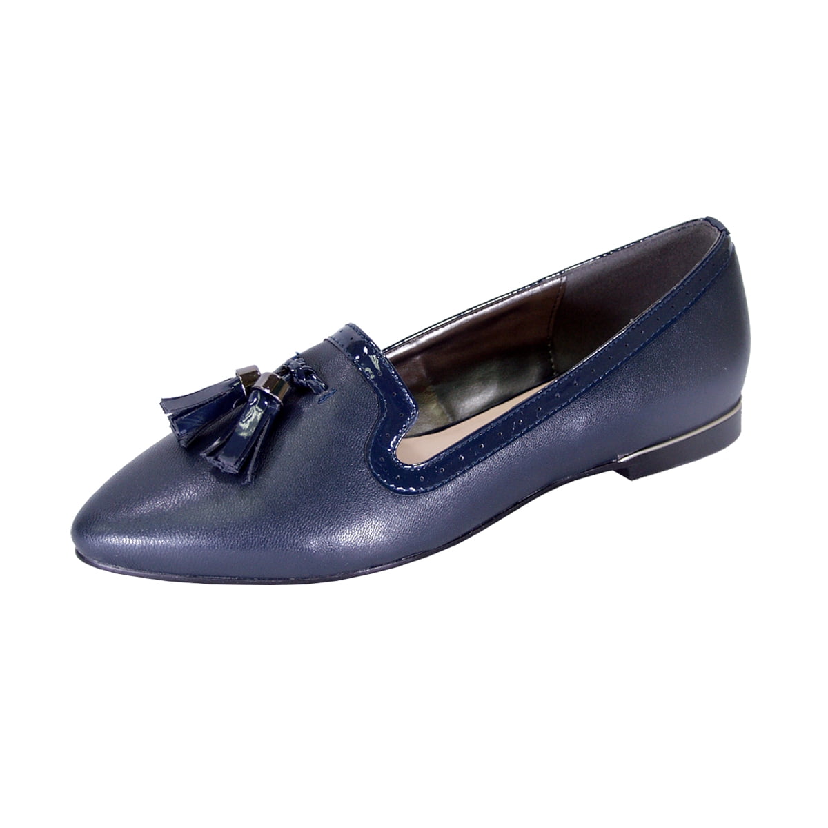 PEERAGE Brenna Women Wide Width Comfort Leather Dress Flat with Patent Leather Tassel and Trim NAVY 6
