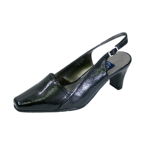 PEERAGE Celine Women Extra Wide Width Faux Wrinkled Patent Square Toe Slingback Buckle BLACK 7.5